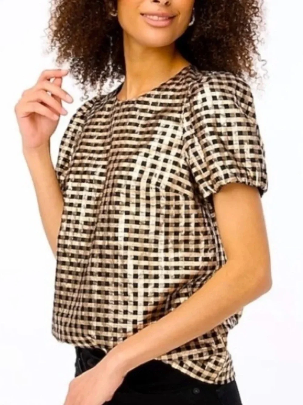 NWT J.Crew Factory Lurex Metallic Threads Puff-Sleeve Top Black Gold XXL